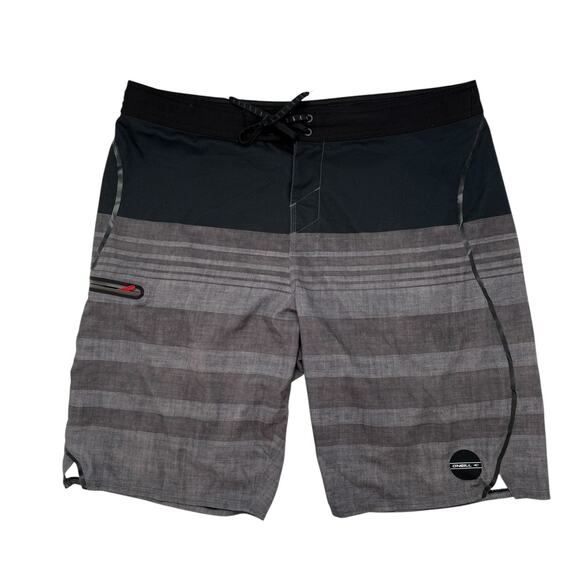 O’NEILL Hyperfreak Hybrid Board Shorts Black Gray Stripe Size 36 Mens Pocket - Picture 1 of 7